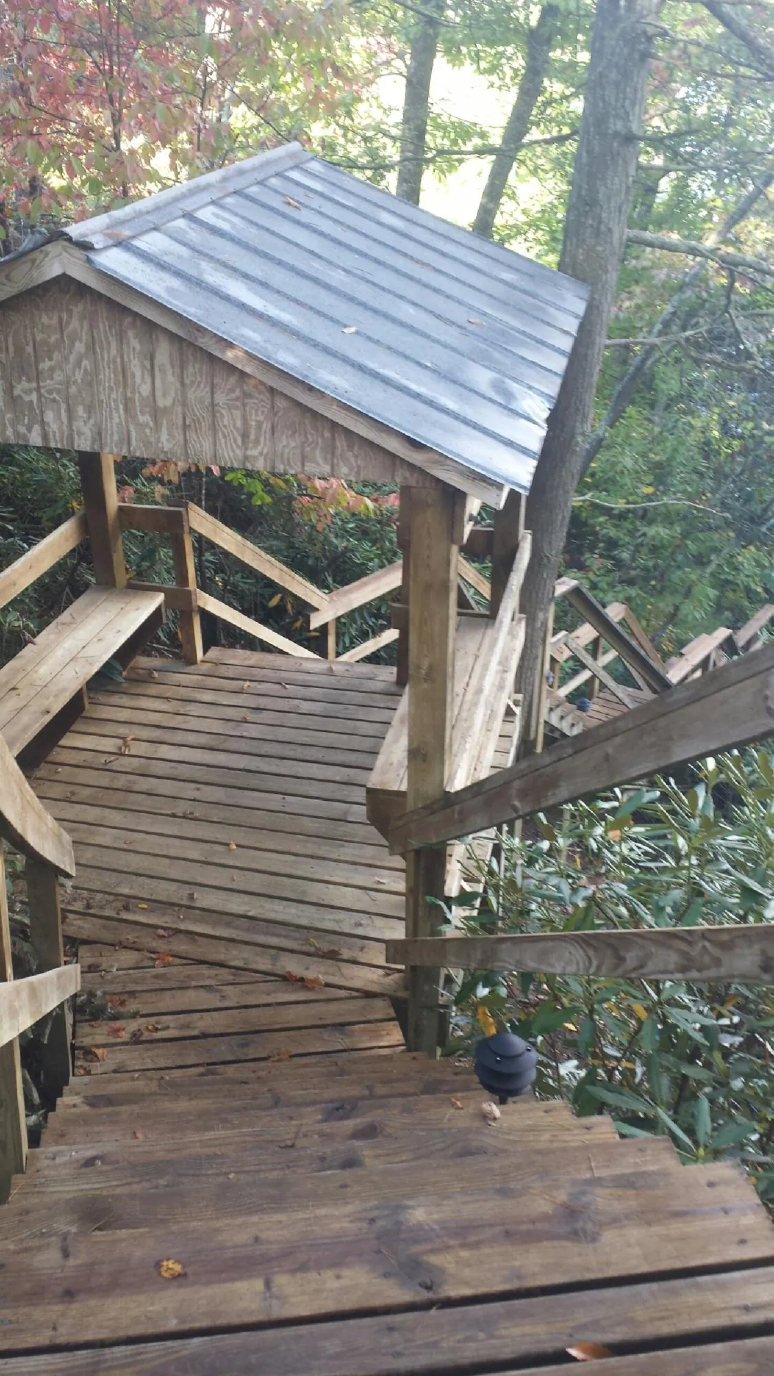 Metal roofed shelter over wooden steps on a wooded walkway — Skylight Repair & Installation work by our crew in Cornelia